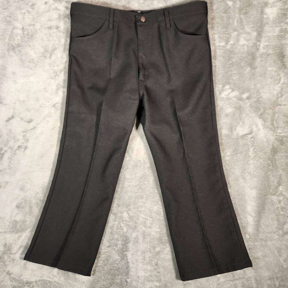 Wrangler Men Black Polyester Pants 38X25 Flared Leg Casual 82BK Made in USA